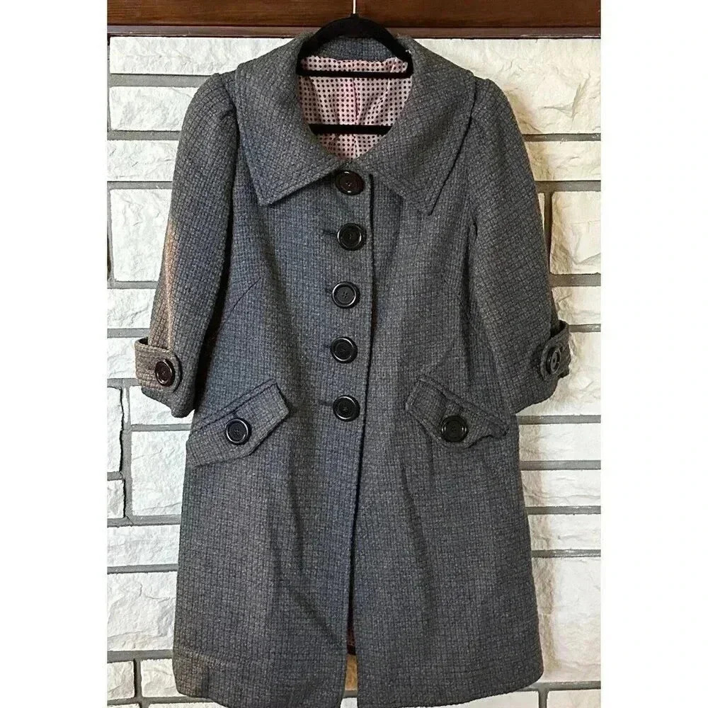 Women’s Woven Wool Coat Oversized Buttons 3/4 Sleeves Jacket Gray Size Medium